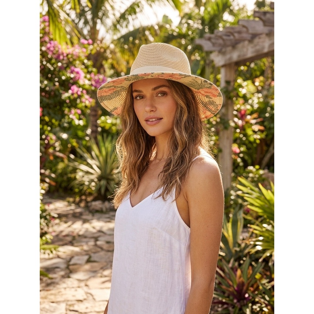 Lucky 7 USA Women Hat Straw Fedora Hat Tropical Floral Print Brim Summer Sun Hat